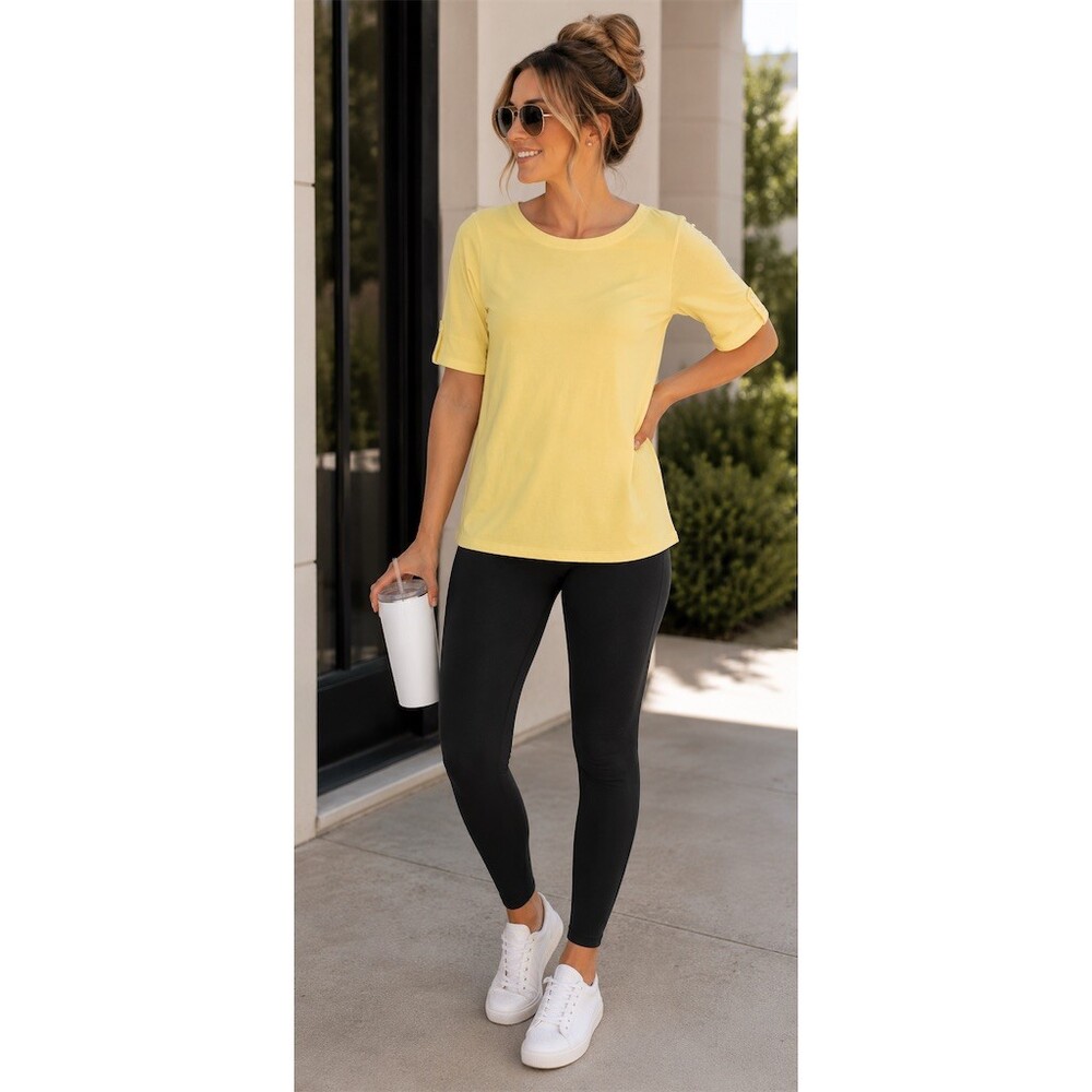 Christopher & Banks T-Shirt Womens Size S Yellow Solid Crew Neck Short